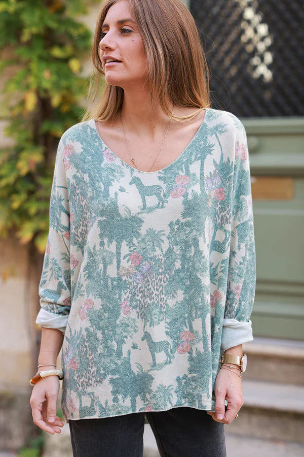 Soft Celadon green V-neck Sweater with Jungle-inspired Toile de Jouy print