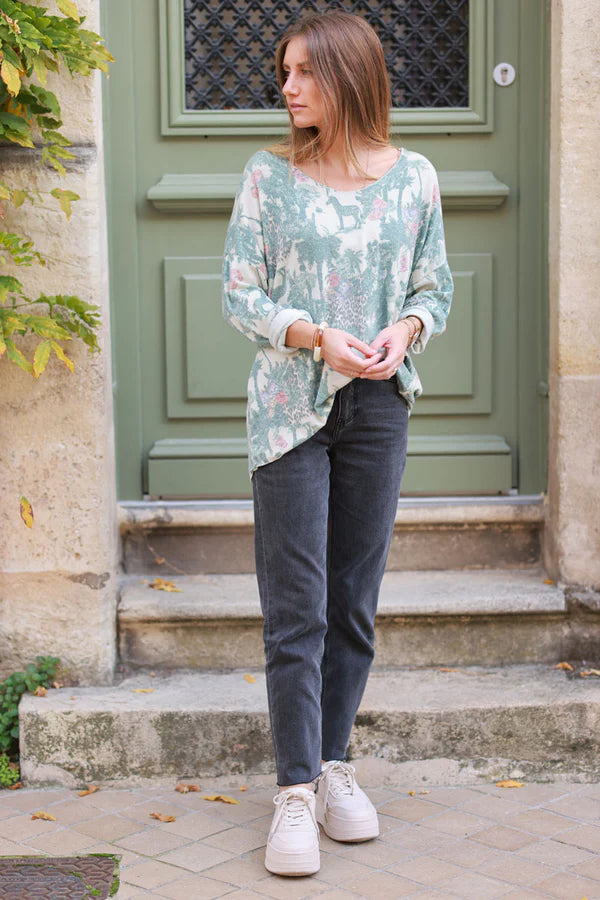 Soft Celadon green V-neck Sweater with Jungle-inspired Toile de Jouy print