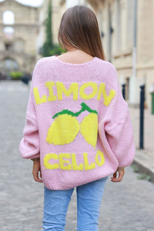 Light Pink Chunky Knit Cardigan with Lemon 'Limoncello' back pattern