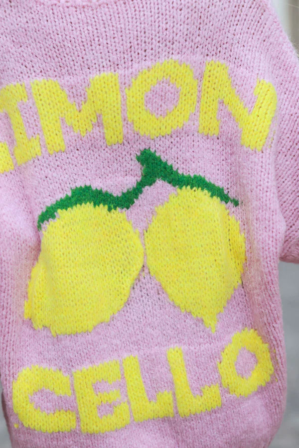 Light Pink Chunky Knit Cardigan with Lemon 'Limoncello' back pattern