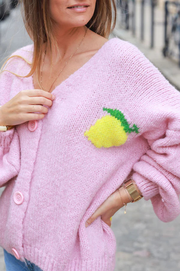 Light Pink Chunky Knit Cardigan with Lemon 'Limoncello' back pattern