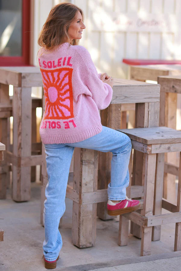 Light Pink Chunky Knit Sweater with Vibrant Sun Embroidery