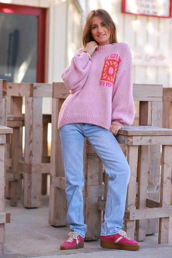 Light Pink Chunky Knit Sweater with Vibrant Sun Embroidery