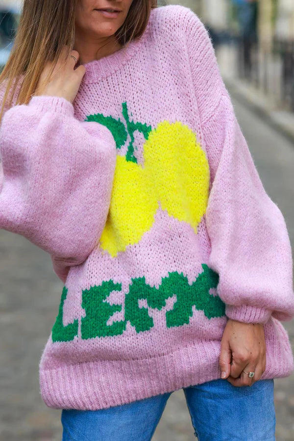 Soft Pink Chunky Knit Sweater with Lemon Pattern