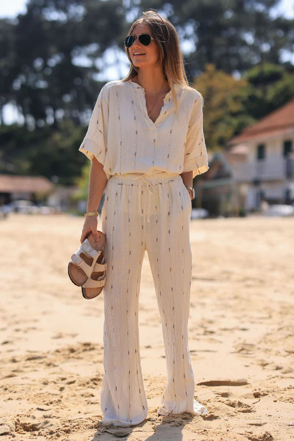 Cream Wide Leg Pants with Embroidered Gold and Colored Threads