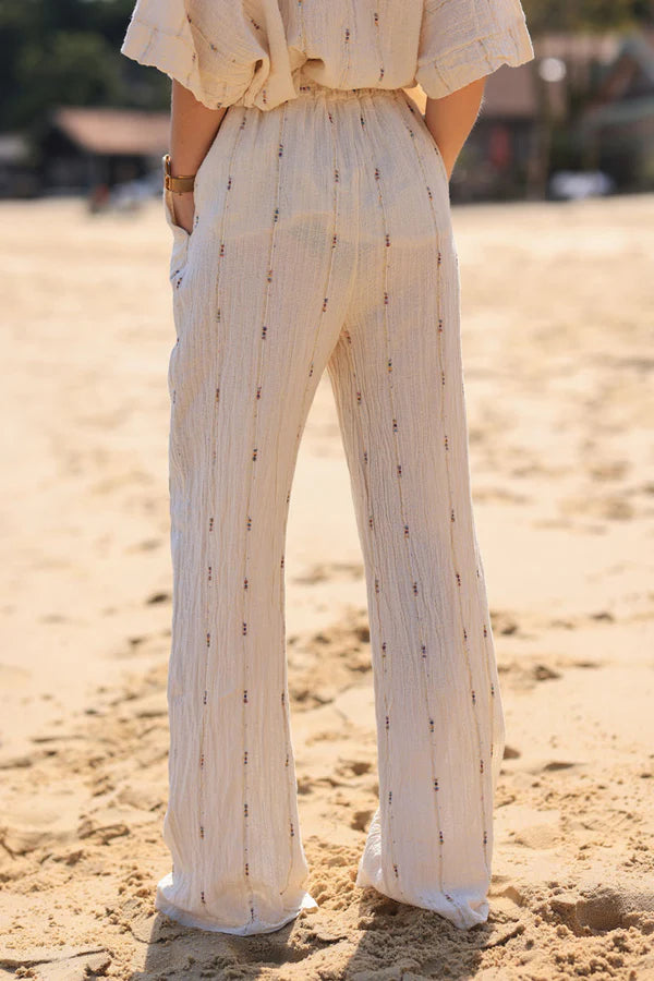 Cream Wide Leg Pants with Embroidered Gold and Colored Threads