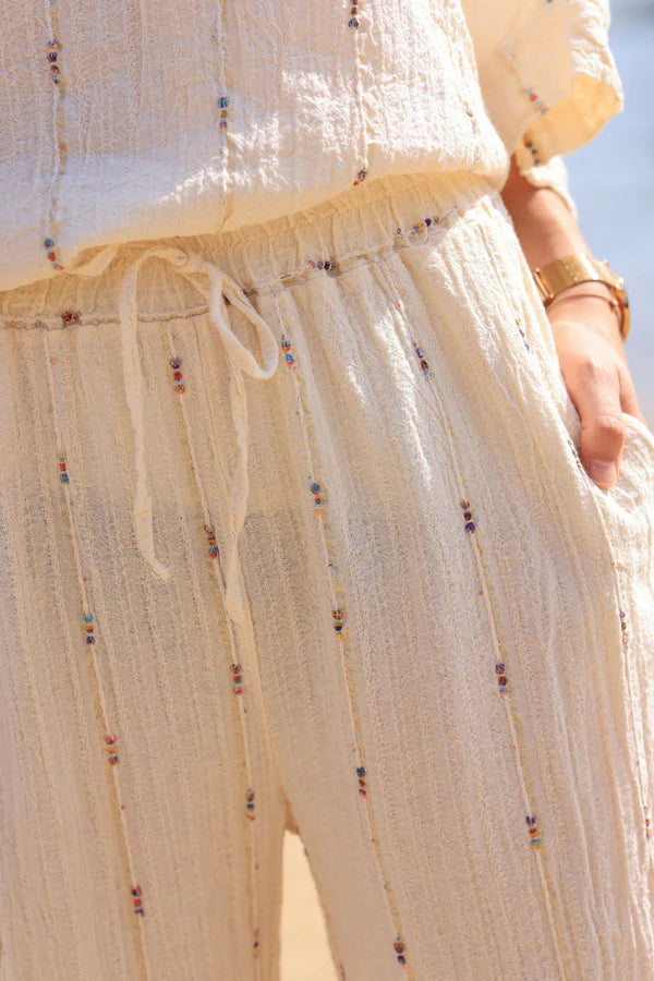 Cream Wide Leg Pants with Embroidered Gold and Colored Threads