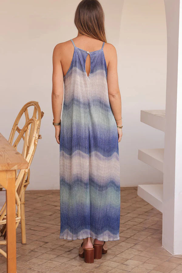 Strappy ribbed glitter dress in blue watercolour tones