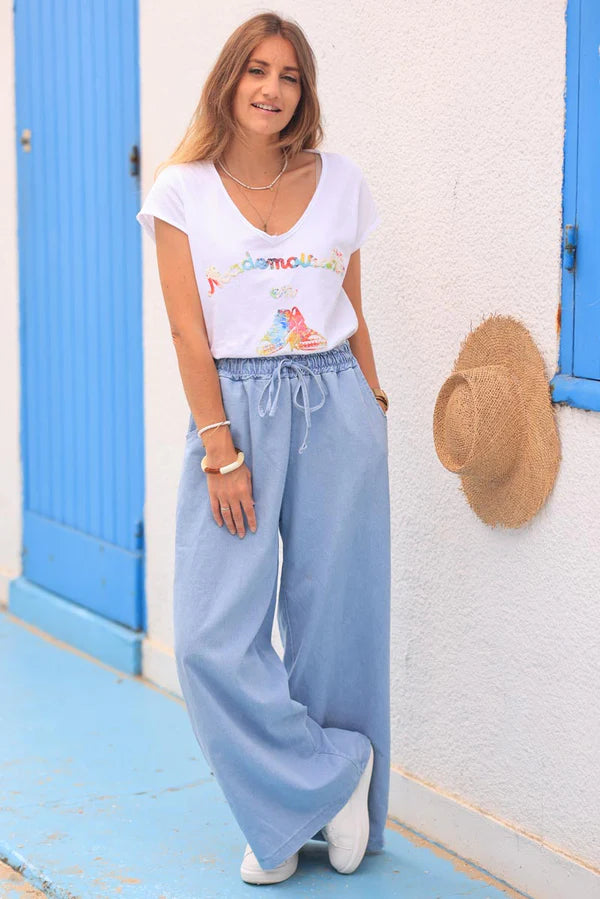 Stretch light denim wide leg pants with elasticated waist