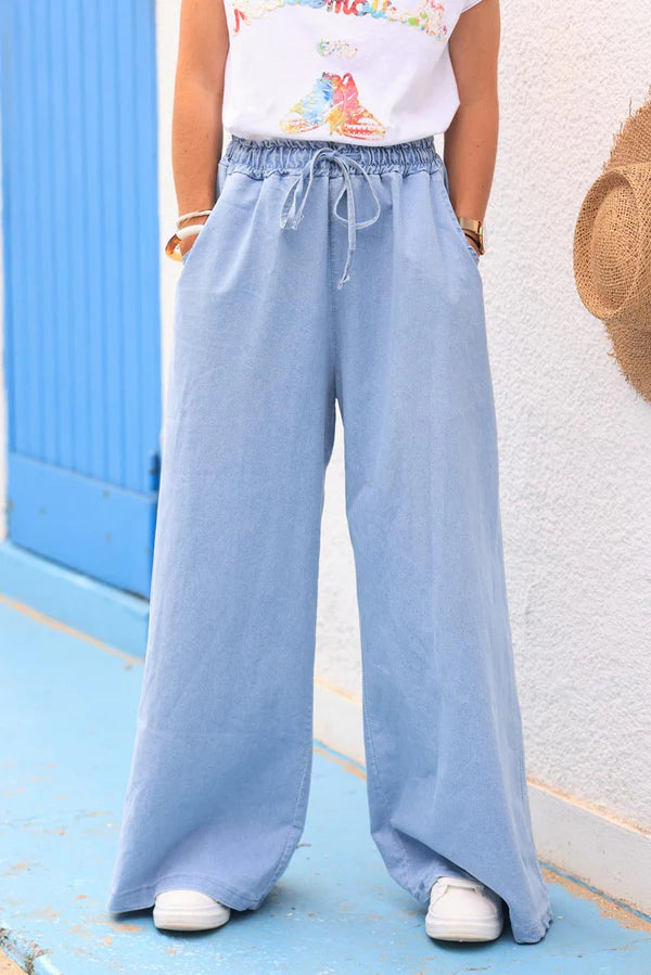 Stretch light denim wide leg pants with elasticated waist