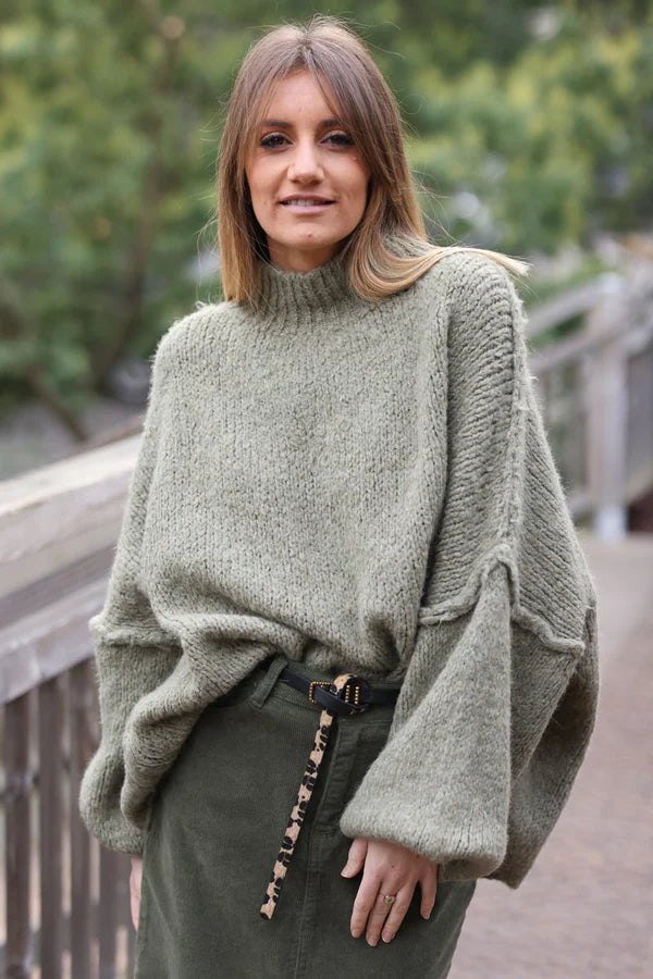 Olive Chunky Knit Sweater Oversized and Funnel Neck