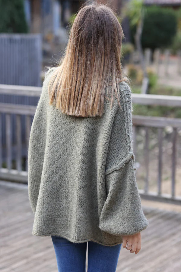 Olive Chunky Knit Sweater Oversized and Funnel Neck