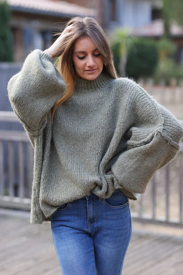 Olive Chunky Knit Sweater Oversized and Funnel Neck