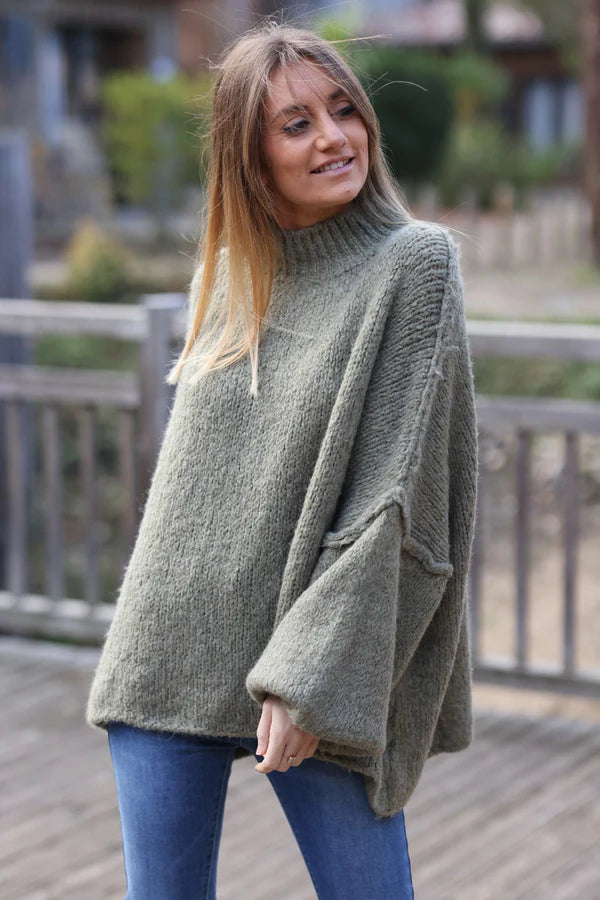 Olive Chunky Knit Sweater Oversized and Funnel Neck