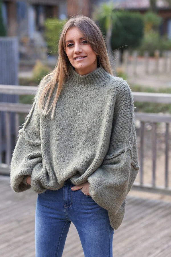 Olive Chunky Knit Sweater Oversized and Funnel Neck