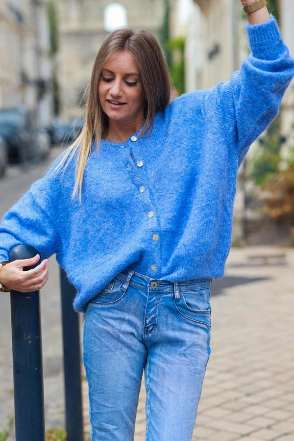 Super Soft Round Neck Cardigan Blue with Mother Of Pearl Buttons