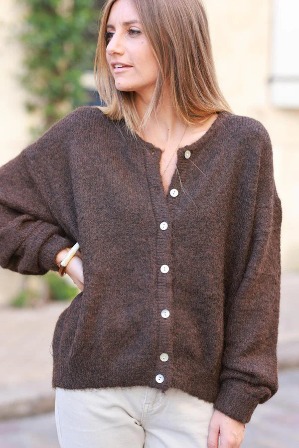 Super Soft Round Neck Cardigan Chocolate with Mother of Pearl Buttons