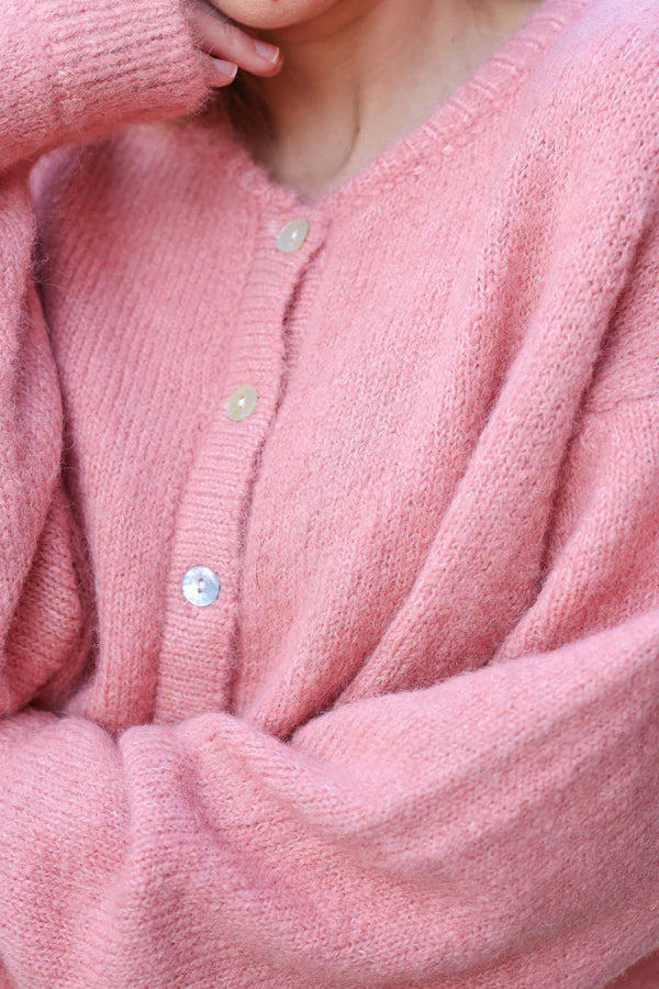 Super Soft Round Neck Cardigan Coral with Mother of Pearl Buttons