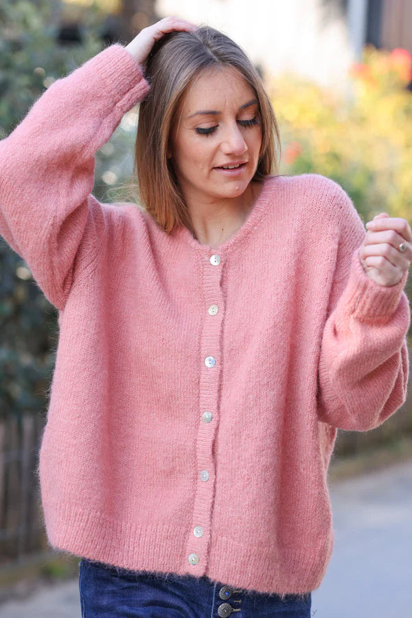 Super Soft Round Neck Cardigan Coral with Mother of Pearl Buttons