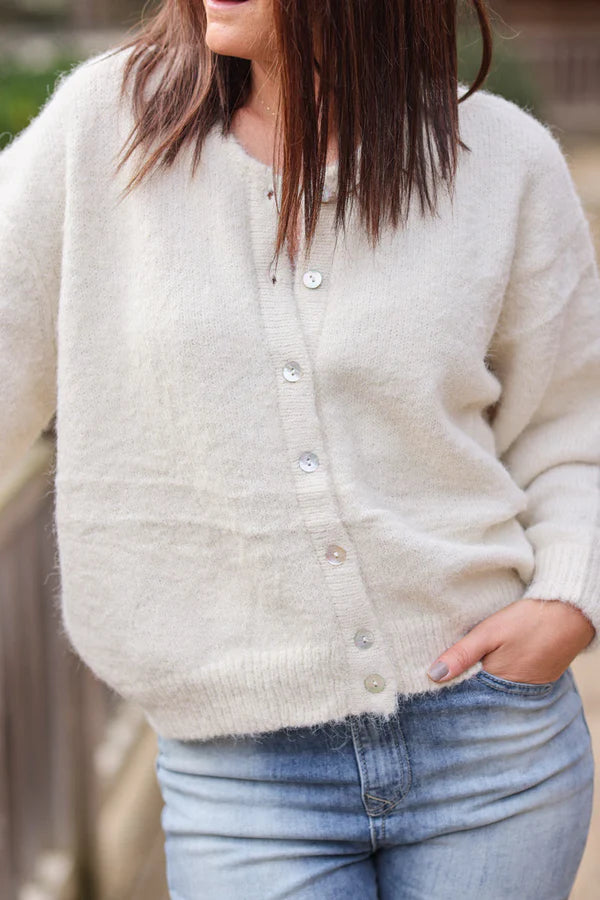 Super Soft Round Neck Cardigan Ecru with Mother of Pearl Buttons