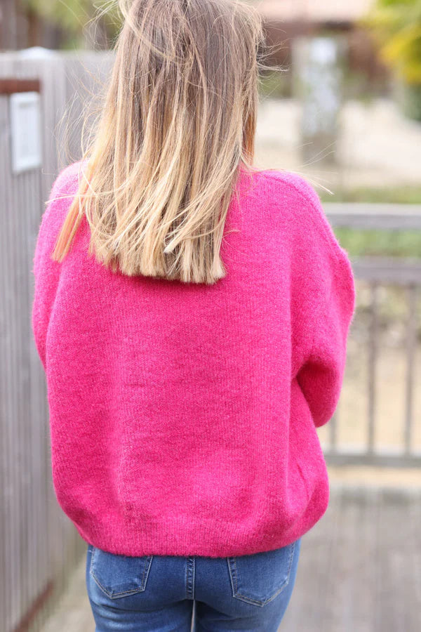 Super Soft Round Neck Cardigan Fuchsia with Mother of Pearl Buttons