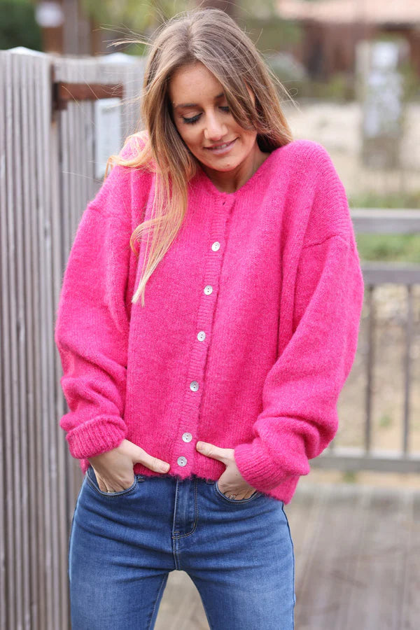 Super Soft Round Neck Cardigan Fuchsia with Mother of Pearl Buttons