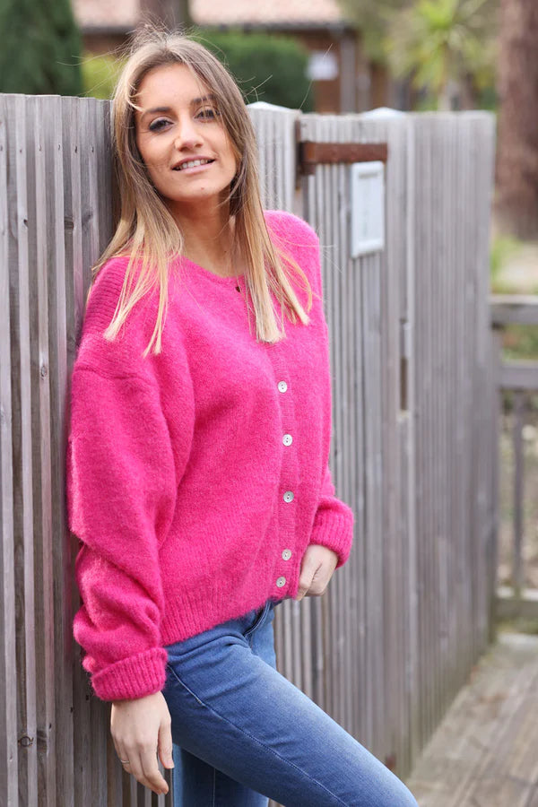 Super Soft Round Neck Cardigan Fuchsia with Mother of Pearl Buttons