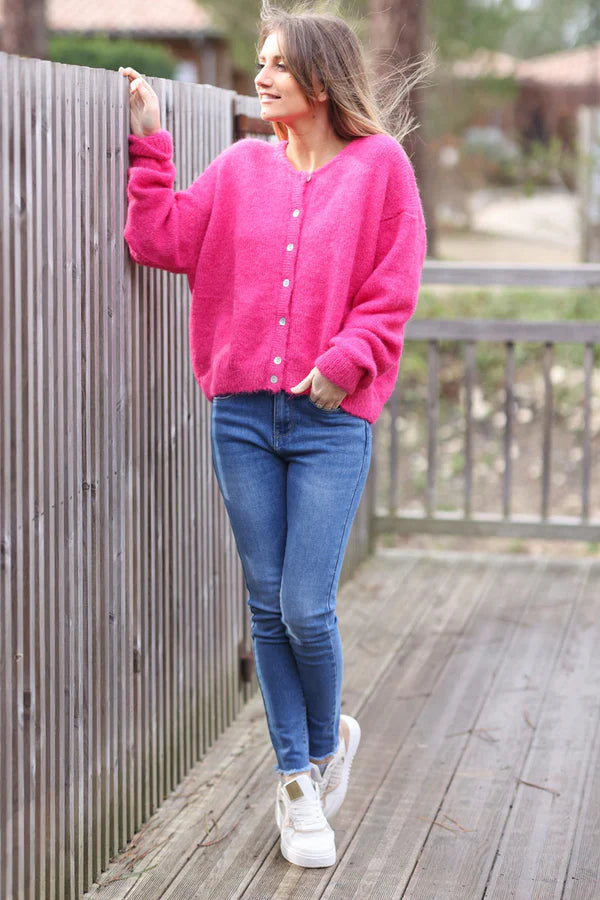 Super Soft Round Neck Cardigan Fuchsia with Mother of Pearl Buttons