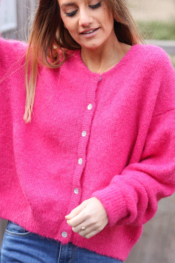 Super Soft Round Neck Cardigan Fuchsia with Mother of Pearl Buttons