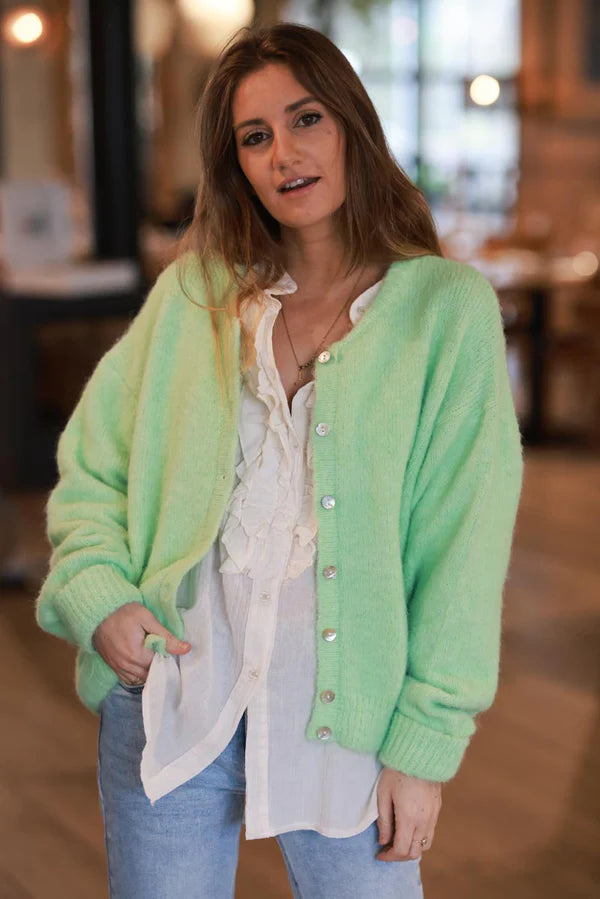 Super soft Round Neck Cardigan Jade Green with mother of Pearl buttons