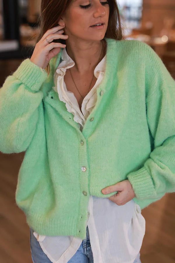 Super soft Round Neck Cardigan Jade Green with mother of Pearl buttons