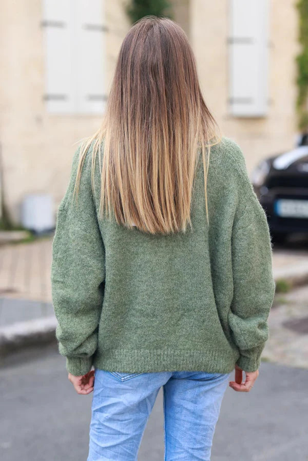 Super Soft Round Neck Cardigan Olive with Mother of Pearl Buttons