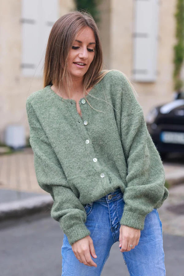 Super Soft Round Neck Cardigan Olive with Mother of Pearl Buttons