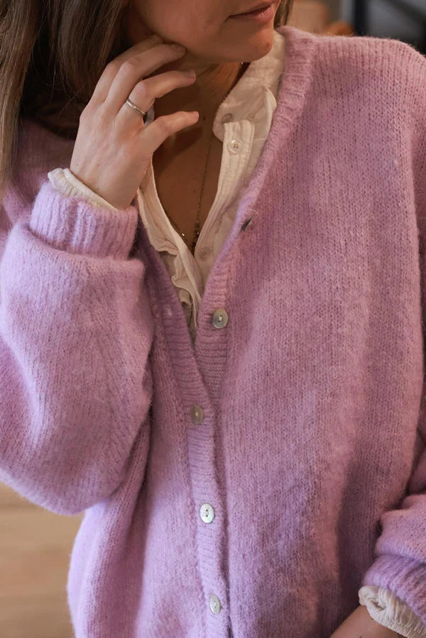 Super Soft Round Neck Cardigan Lilac with Mother of Pearl Buttons