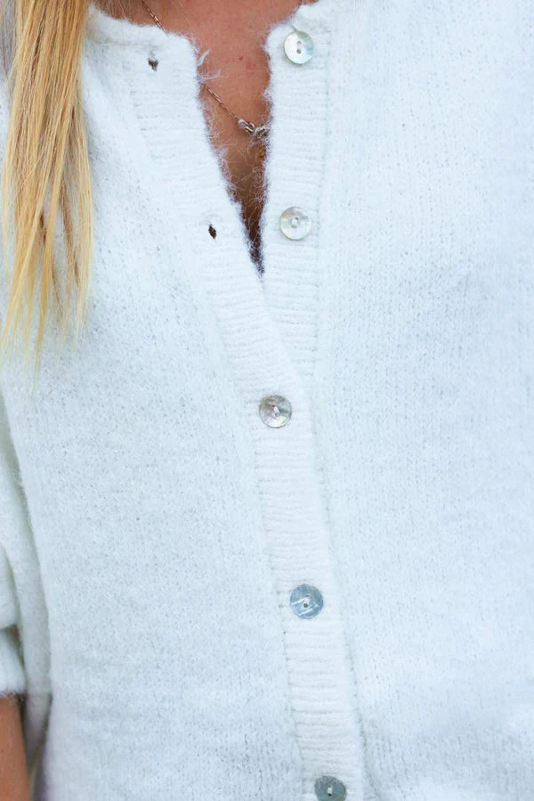 Super Soft Round Neck Cardigan Off White with Mother of Pearl Buttons