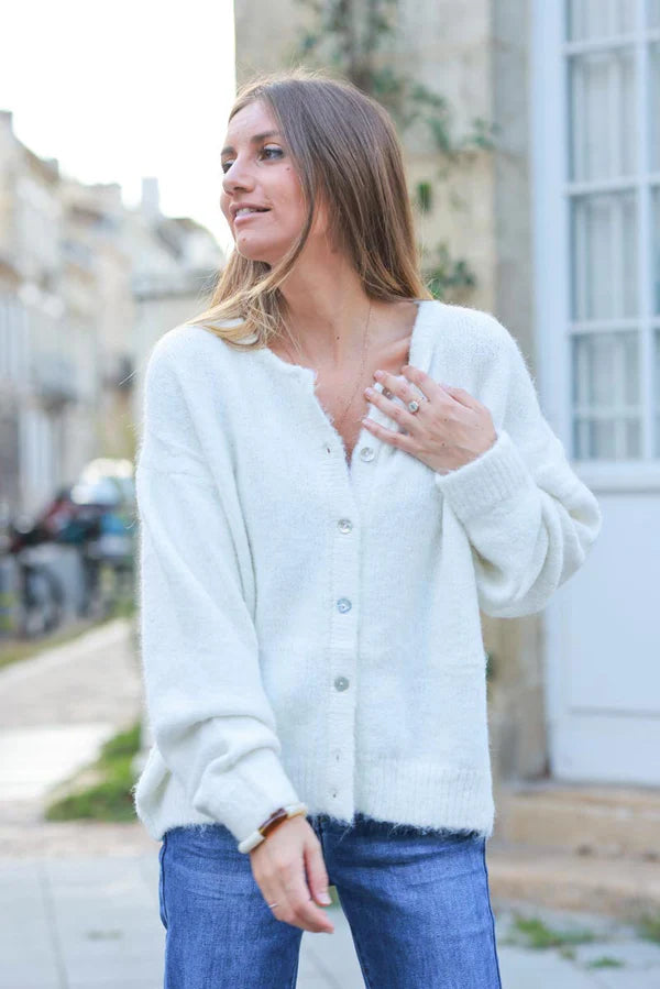 Super Soft Round Neck Cardigan Off White with Mother of Pearl Buttons