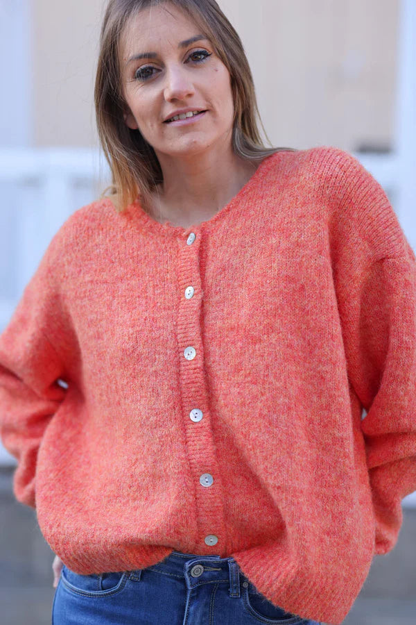 Super Soft Round Neck Cardigan Orange with Mother of Pearl Buttons