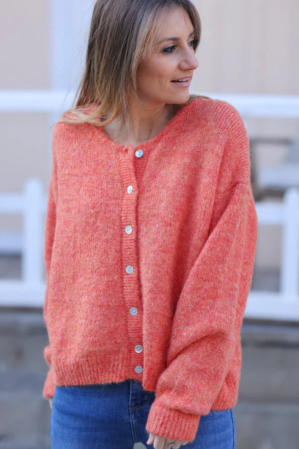 Super Soft Round Neck Cardigan Orange with Mother of Pearl Buttons