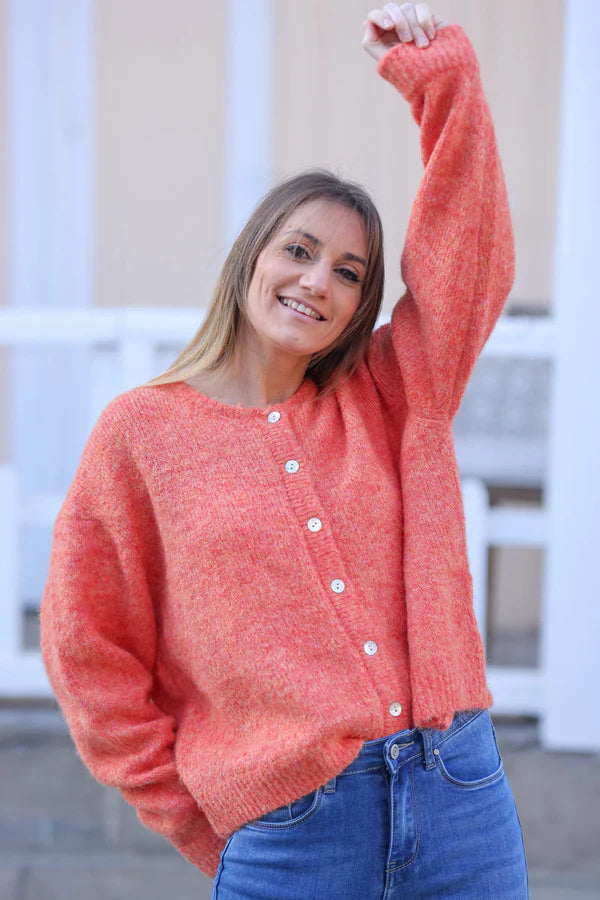 Super Soft Round Neck Cardigan Orange with Mother of Pearl Buttons