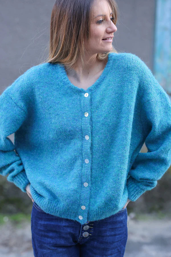 Super Soft Round Neck Cardigan Peacock Blue with Mother Of Pearl Buttons