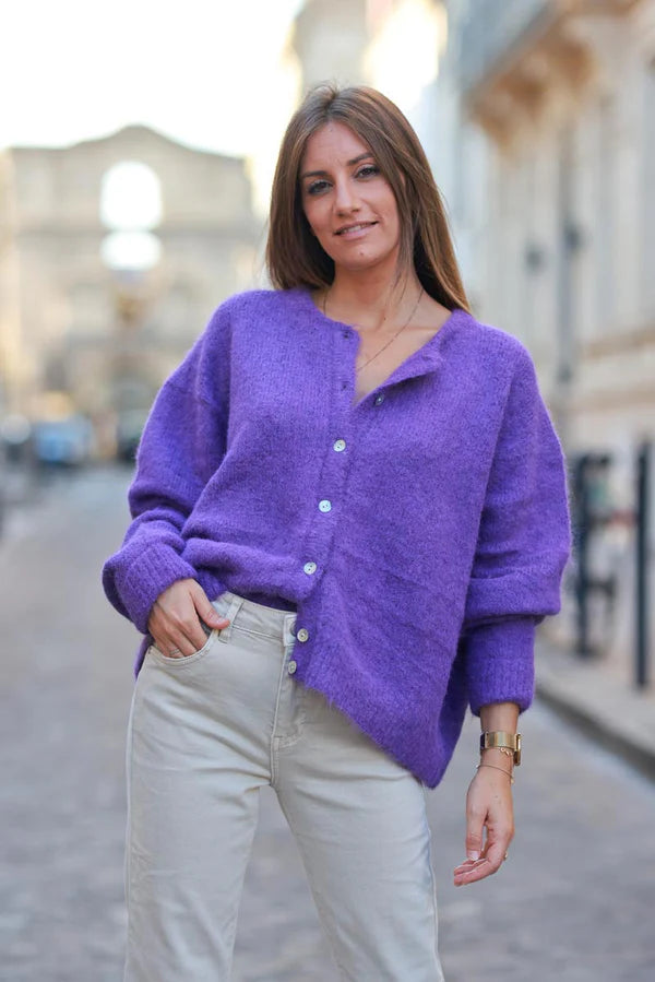 Super Soft Round Neck Cardigan Purple with Mother of Pearl Buttons