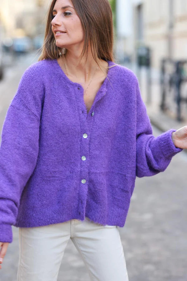 Super Soft Round Neck Cardigan Purple with Mother of Pearl Buttons