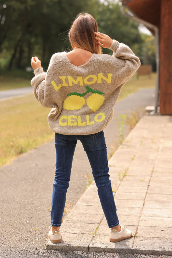 Taupe Chunky Knit Cardigan with Lemon 'Limoncello' back pattern