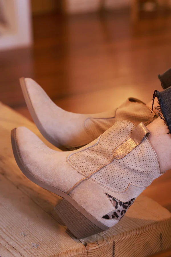 Taupe Leopard Star Sueded Cowboy Ankle Boots