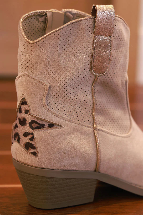 Taupe Leopard Star Sueded Cowboy Ankle Boots