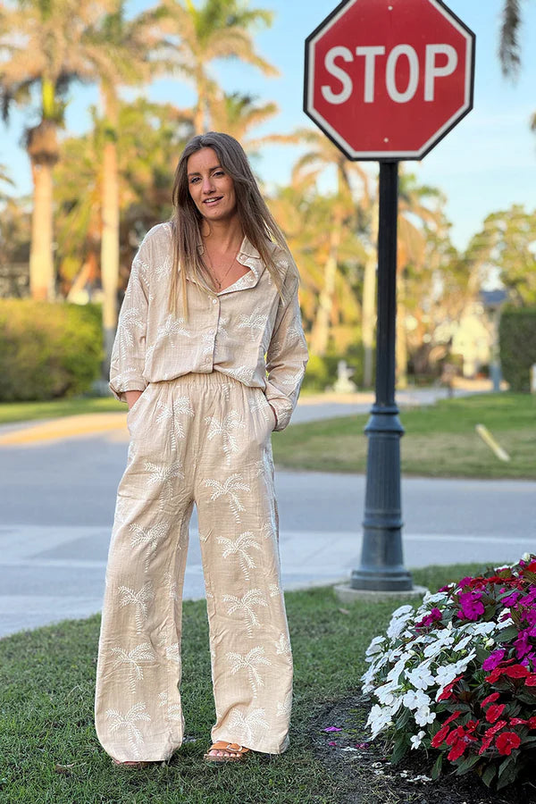 Taupe Linen Embroidered Palm Button-Down