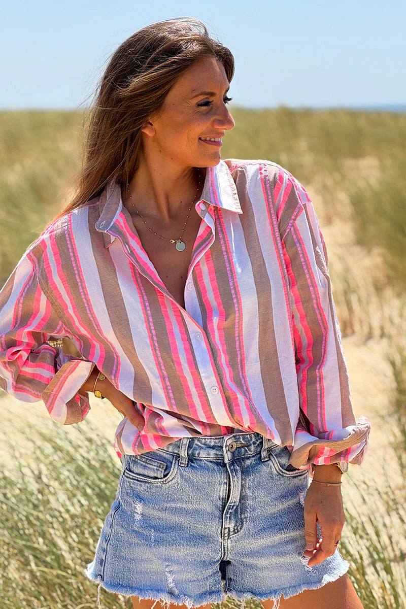 Taupe Neapolitan Stripe Button-Down Blouse