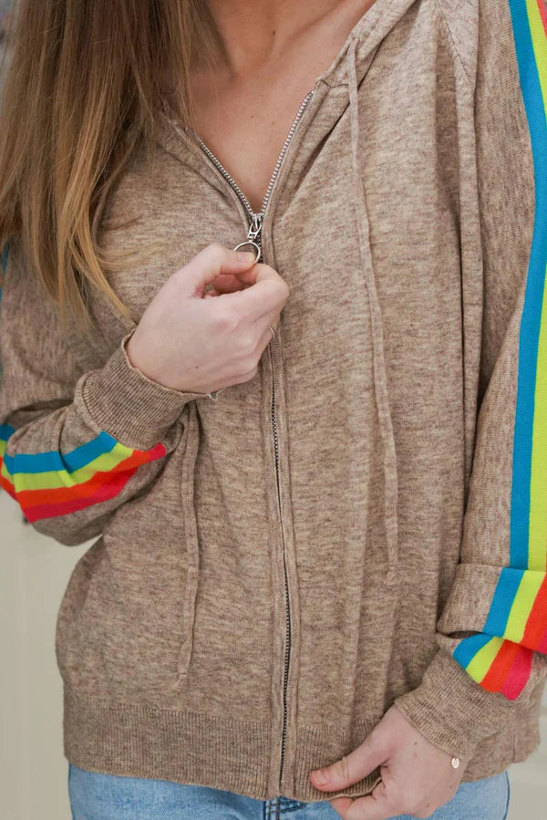 Taupe Rainbow Stripe Zippered Hoodie