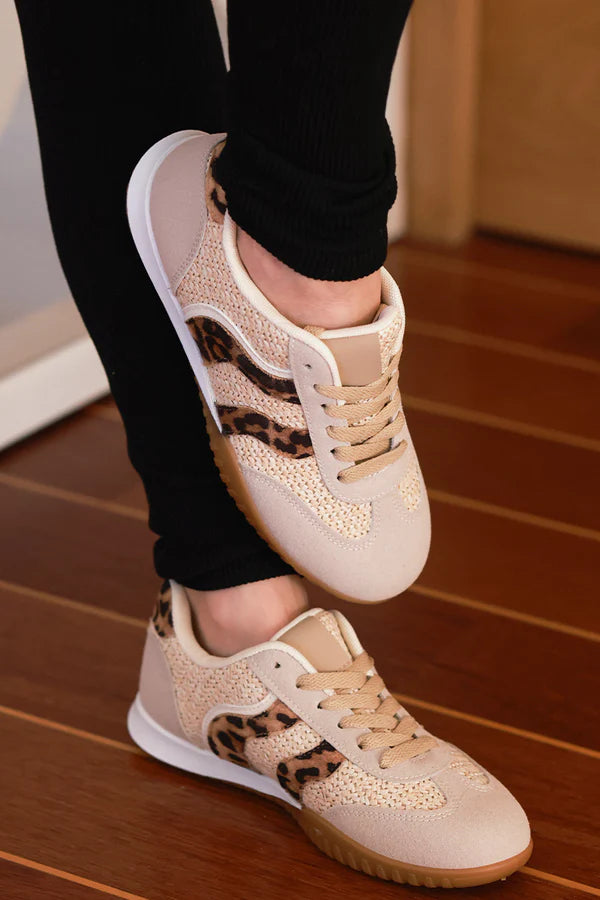 Taupe Rattan and Leopard Sneakers