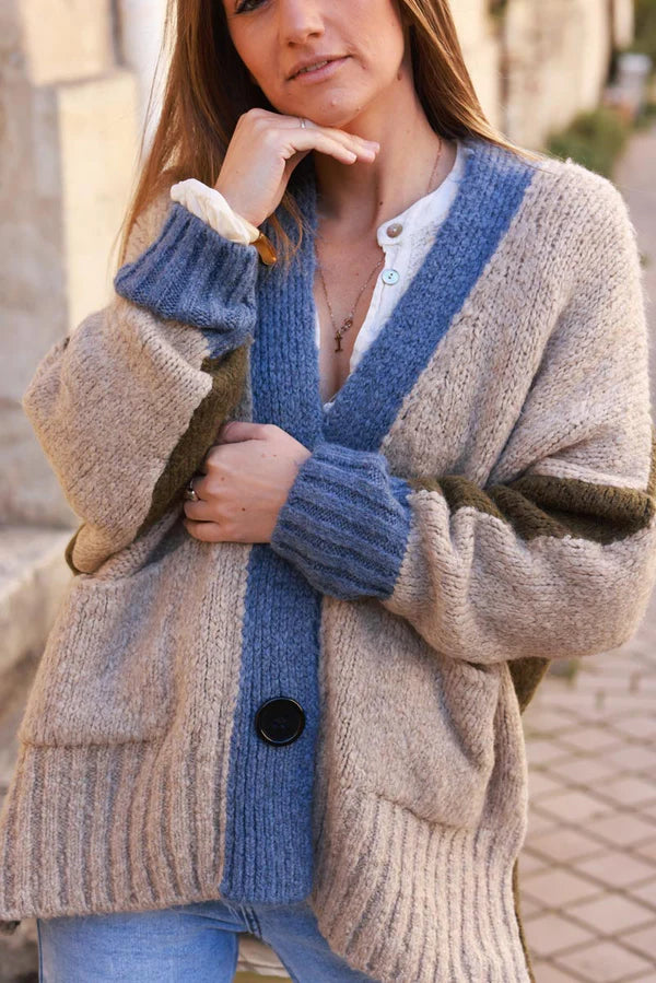 Taupe Sweater Knit Cardigan with Blue Trim